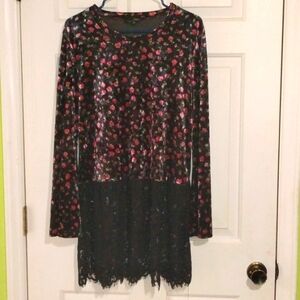 Long sleeve flare/bell velvet black floral print shirt